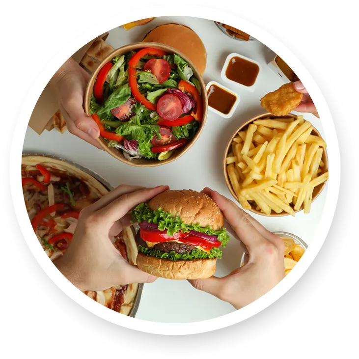 burger, fries, pizza, salad